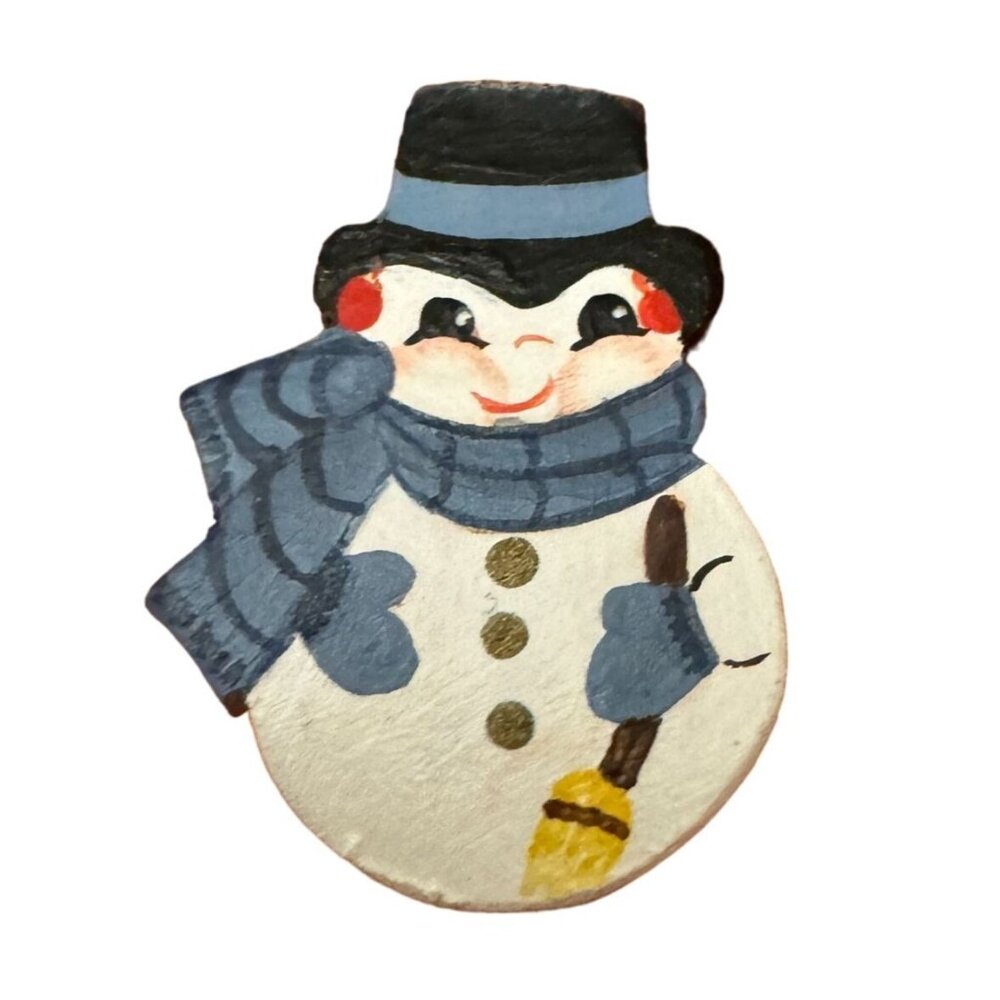Hand Painted Wooden Snowman Brooch Pin Christmas Accessory Winter Holiday Gift V